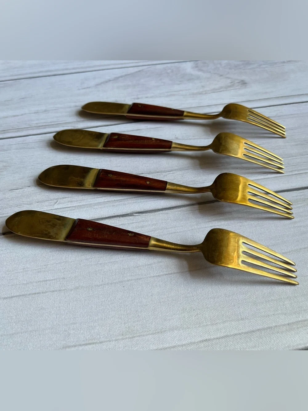 Vintage Siamese/Thai brass & rosewood cocktail appetizer salad dessert fork. 4pc
